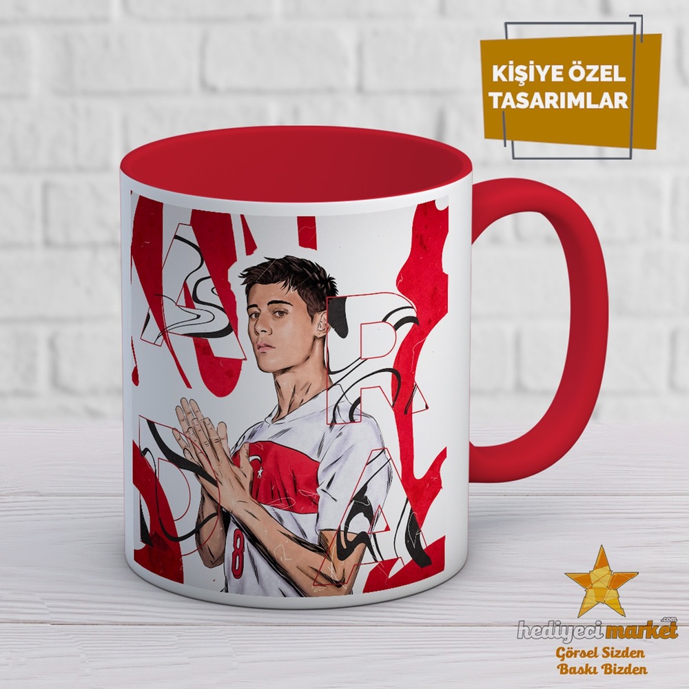 Arda Güler Temalı Porselen Kulpu ve İçi Kırmızı Kupa Bardak - HMK-00118-01 || HM-01-00368-01