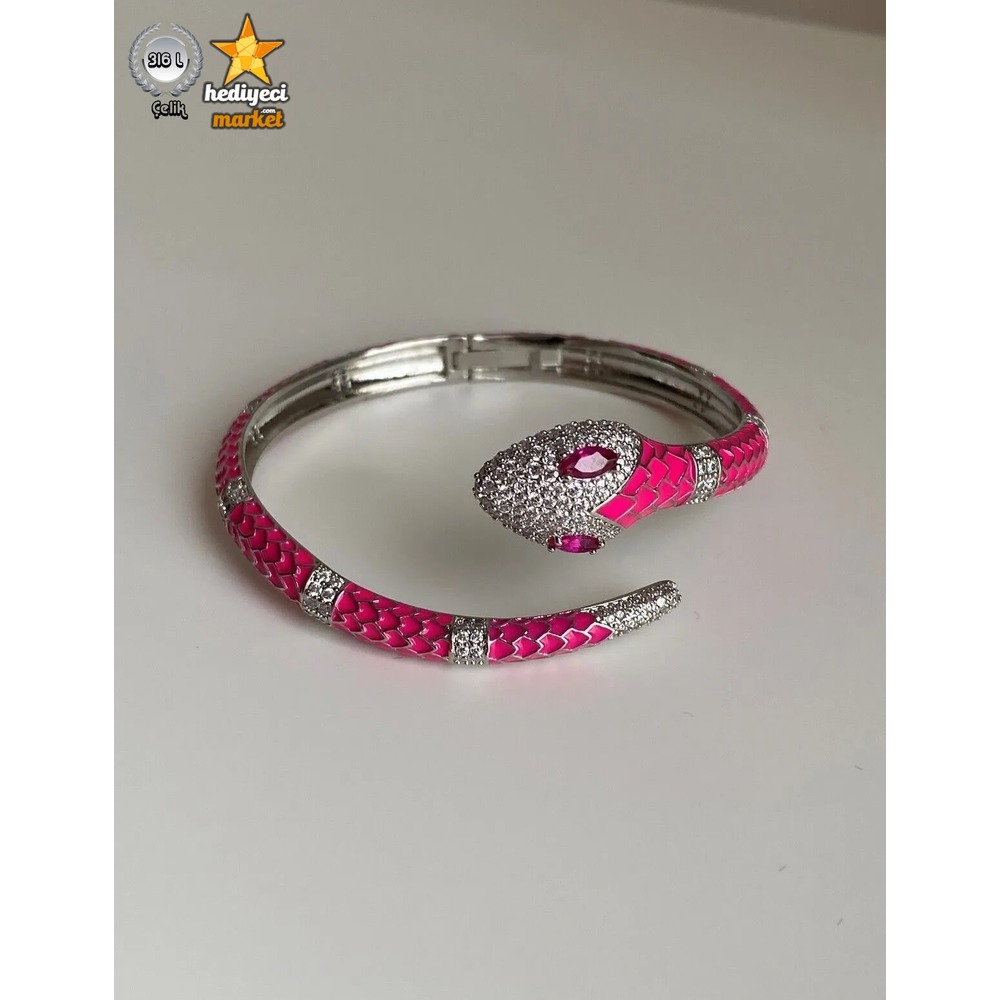 316 L Pembe Zirkon Taşlı Bulgari Model Sarmal Yılan Kelepçe - HMÇB-0009 || HM-03-00098-01