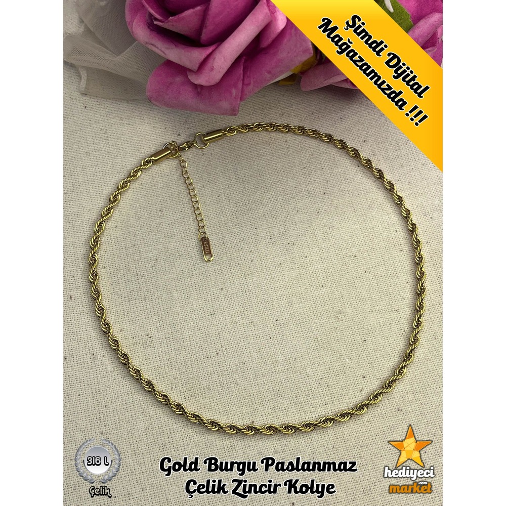 316 L Gold Burgu Paslanmaz Çelik Zincir Kolye - HMÇK-0017 || HM-03-00059-01