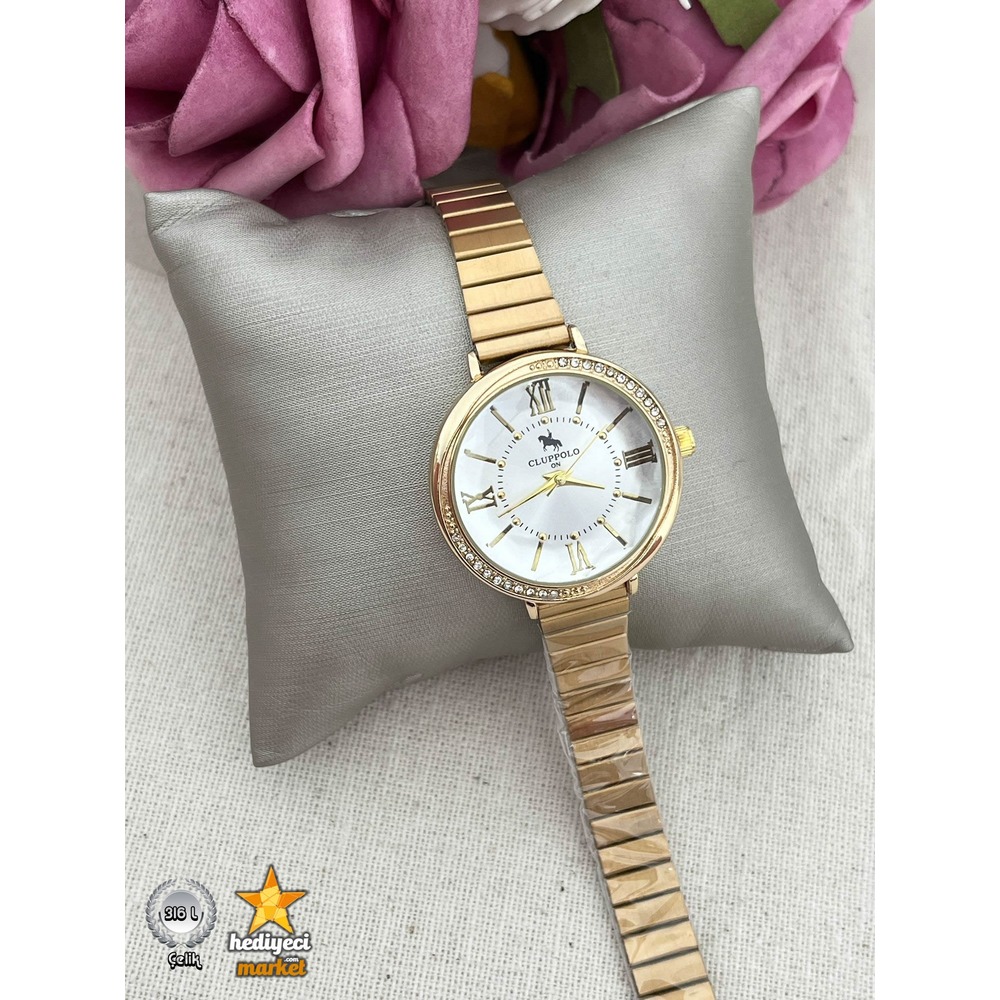 316 L Club Polo Altın Rengi Taşlı Yuvarlak Çelik Kadın Kol Saati-HMKS-0012 || HM-03-00093-01