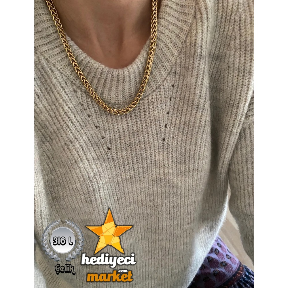 316 L Altın Rengi Kalın Örgü Paslanmaz Çelik Kolye - HMÇK-0040 || HM-03-00079-01