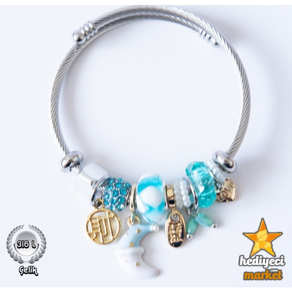 316 L Silver Mavi Ay Figürlü Sallantılı Pandora Model Bileklik - HMÇB-0037 || HM-03-00106-10