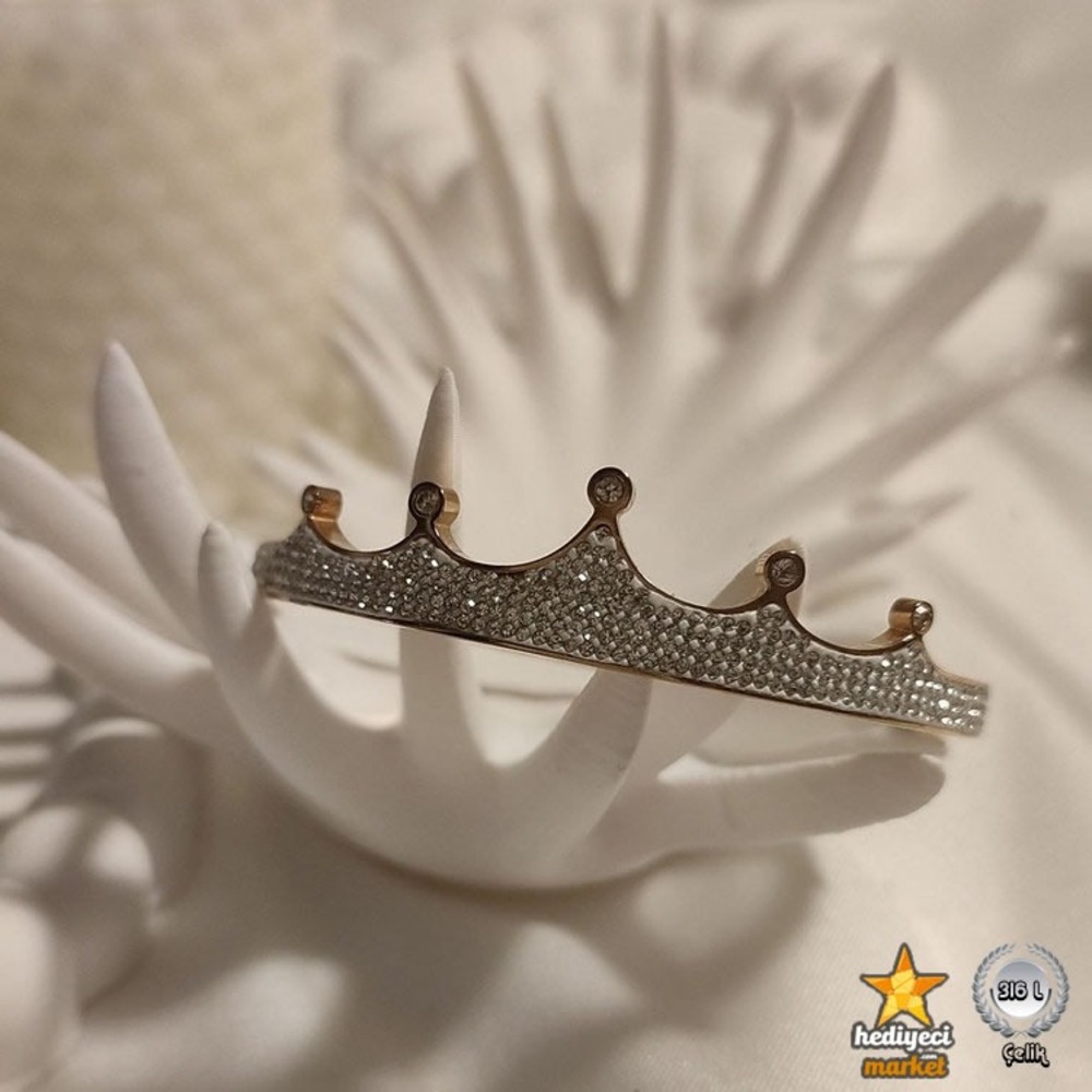 316 L Rose Zirkon Taşlı Taç Kelepçe Çelik Bileklik - HMÇB-0012 || HM-03-00100-02