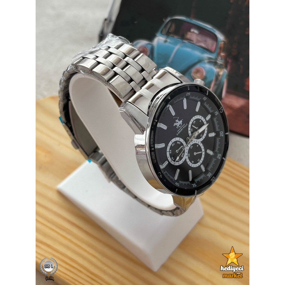G Sport Polo Çelik Gümüş Kasa ve Siyah Detaylı Erkek Kol Saati - HMES-0029 || HM-03-00107-29