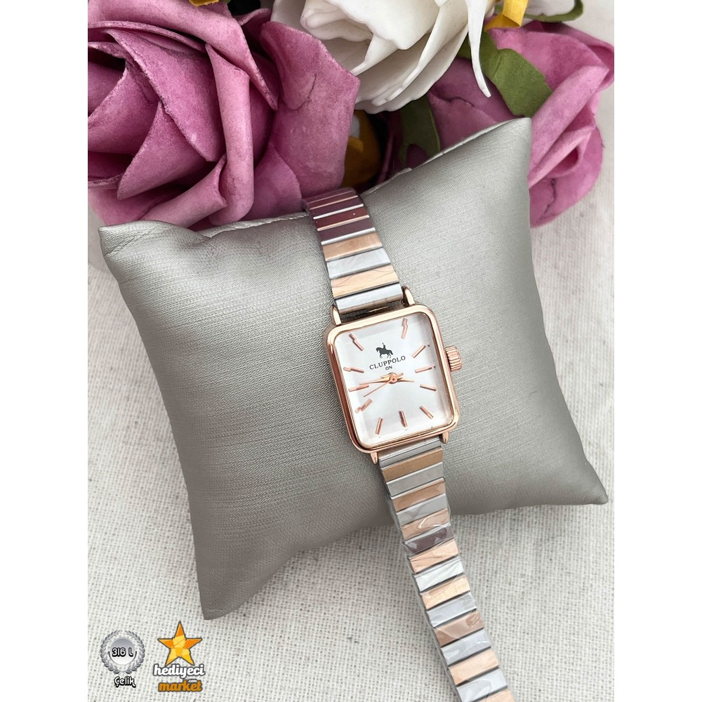 316 L Club Polo Altın ve Gümüş Rengi Diktörtgen Çelik Kol Saati - HMKS-0015 || HM-03-00093-04
