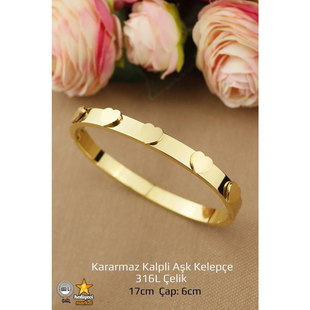 316 L Gold Kalpli Aşk Kelepçe Çelik Bileklik - HMÇB-0022 || HM-03-00104-01