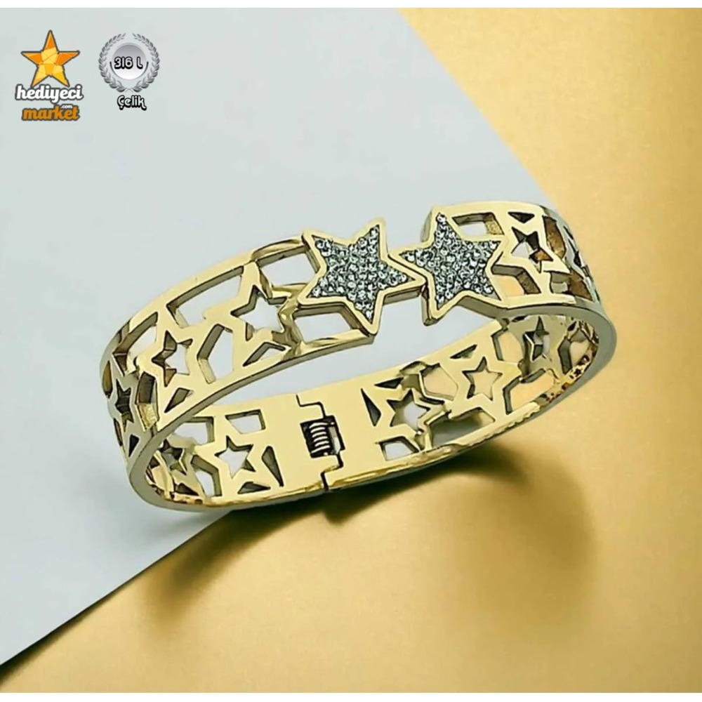 316 L Gold Zirkon Detay Yıldız Kalın Çelik Kelepçe Bileklik - HMÇB-0023 || HM-03-00104-02