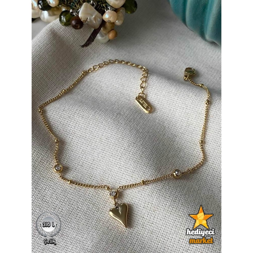 316 L Gold Renk Kalp Figür Minimal Zirkon Taşlı Çelik Bileklik - HMÇB-0038 || HM-03-00116-01