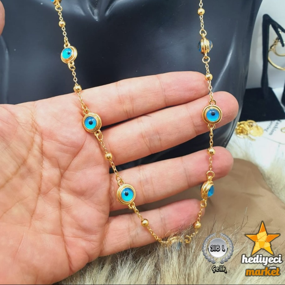 316 L Nazar Boncuğu Detaylı Gold Renk Çelik Kadın Şans Kolyesi - HMÇK-0058 || HM-03-00137-06