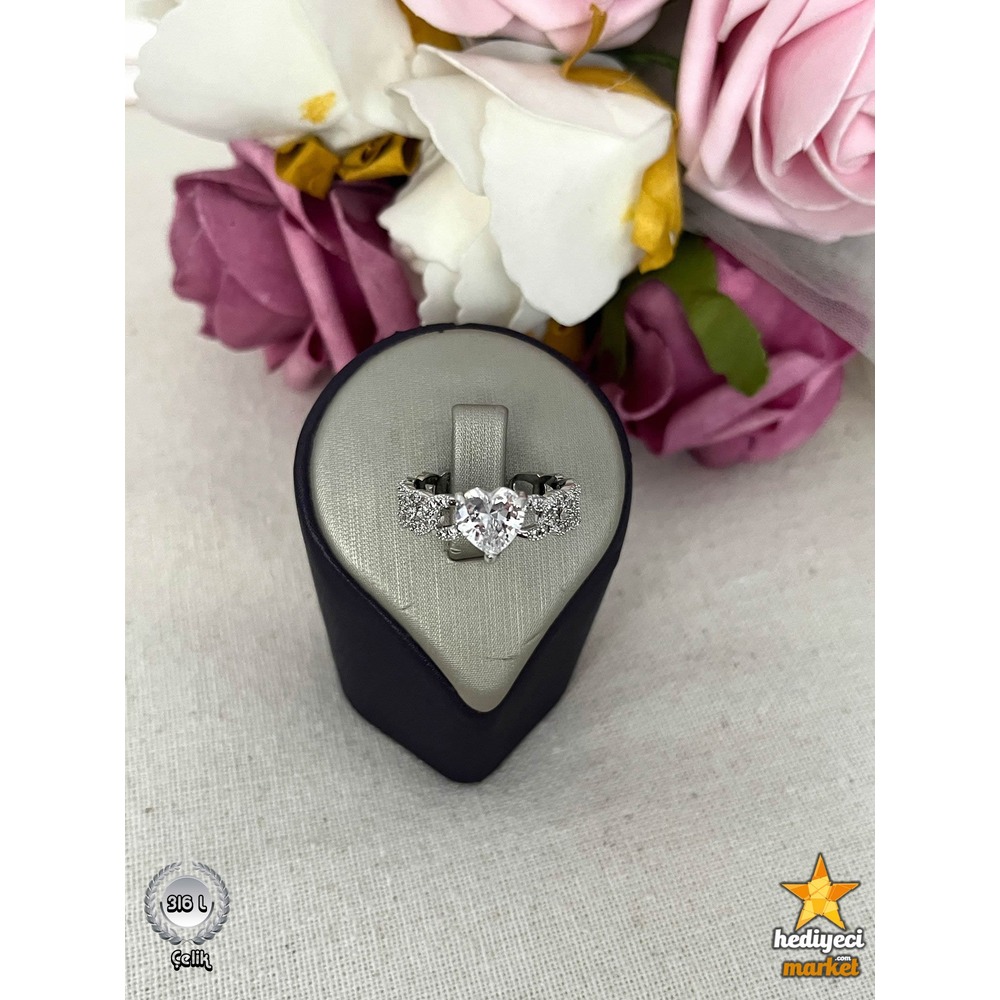 317 L 4 MM Silver Zirkon Taşlı ve Kalpli Baget  Çelik Yüzük - HMÇY-0009 || HM-03-00094-
