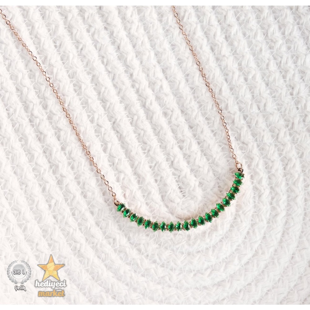 316 L Çelik Takı Yeşil Zirkon Taşlı Rose Abiye Kolye - HMÇK-0007 || HM-03-00049-01