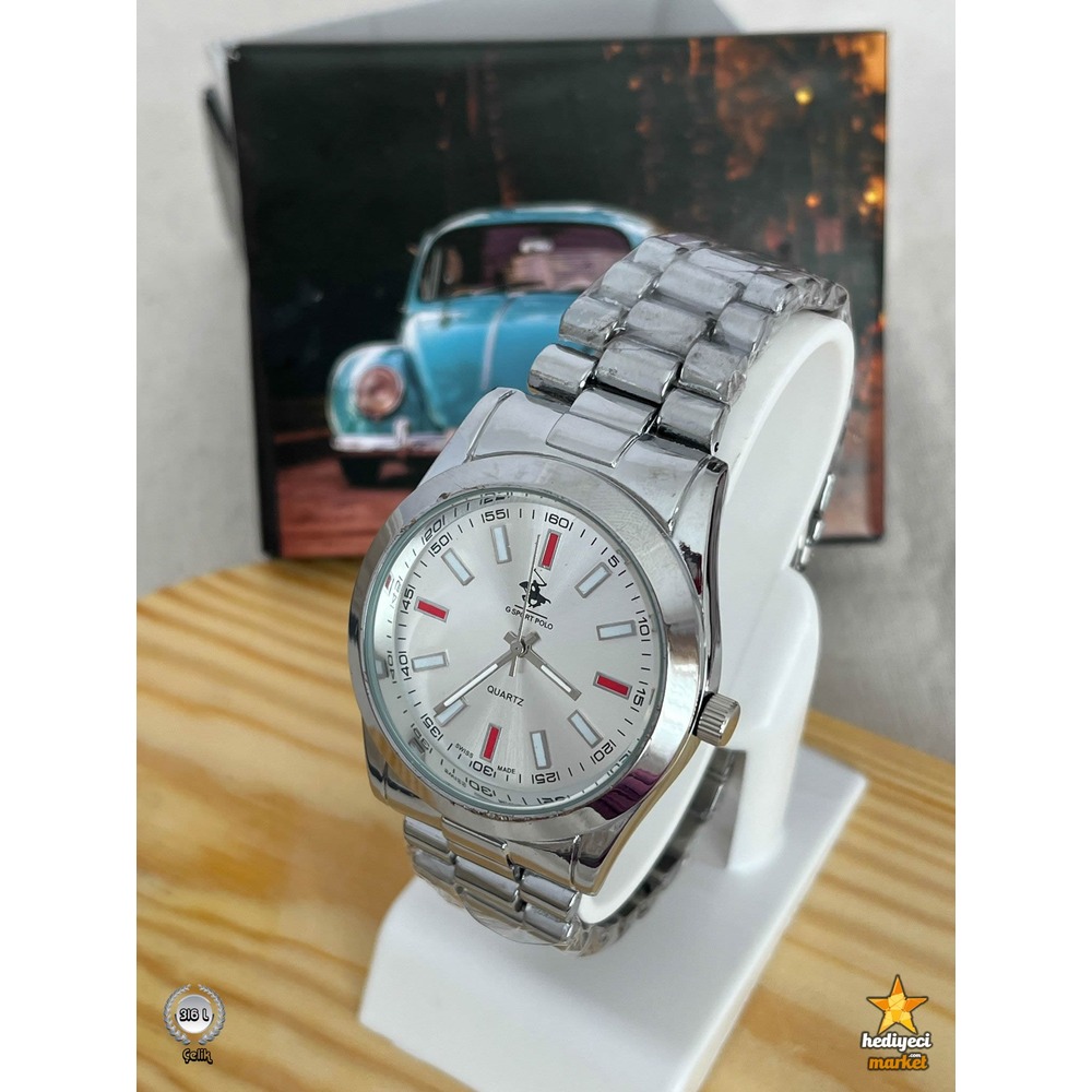 G Sport Polo 316 L Çelik Silver Kasa Kırmızı Erkek Kol Saati-HMES-0001 || HM-03-00107-01