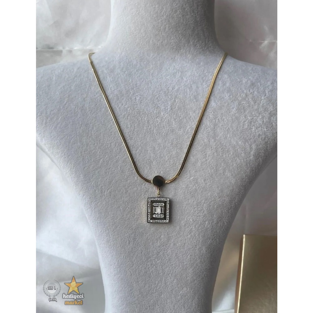 316 L Çelik Zirkon Taşlı Kuyumcu Model Kare Kolye - HMÇK-0010 || HM-03-00052-01