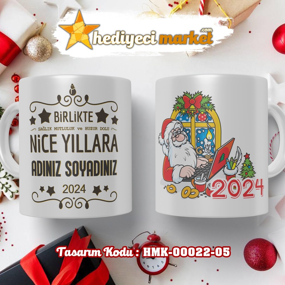 Kişiye Özel 2024 Yılbaşı Temalı Beyaz Kupa Bardak - HMK-00022-05 - HM-01-00072-05