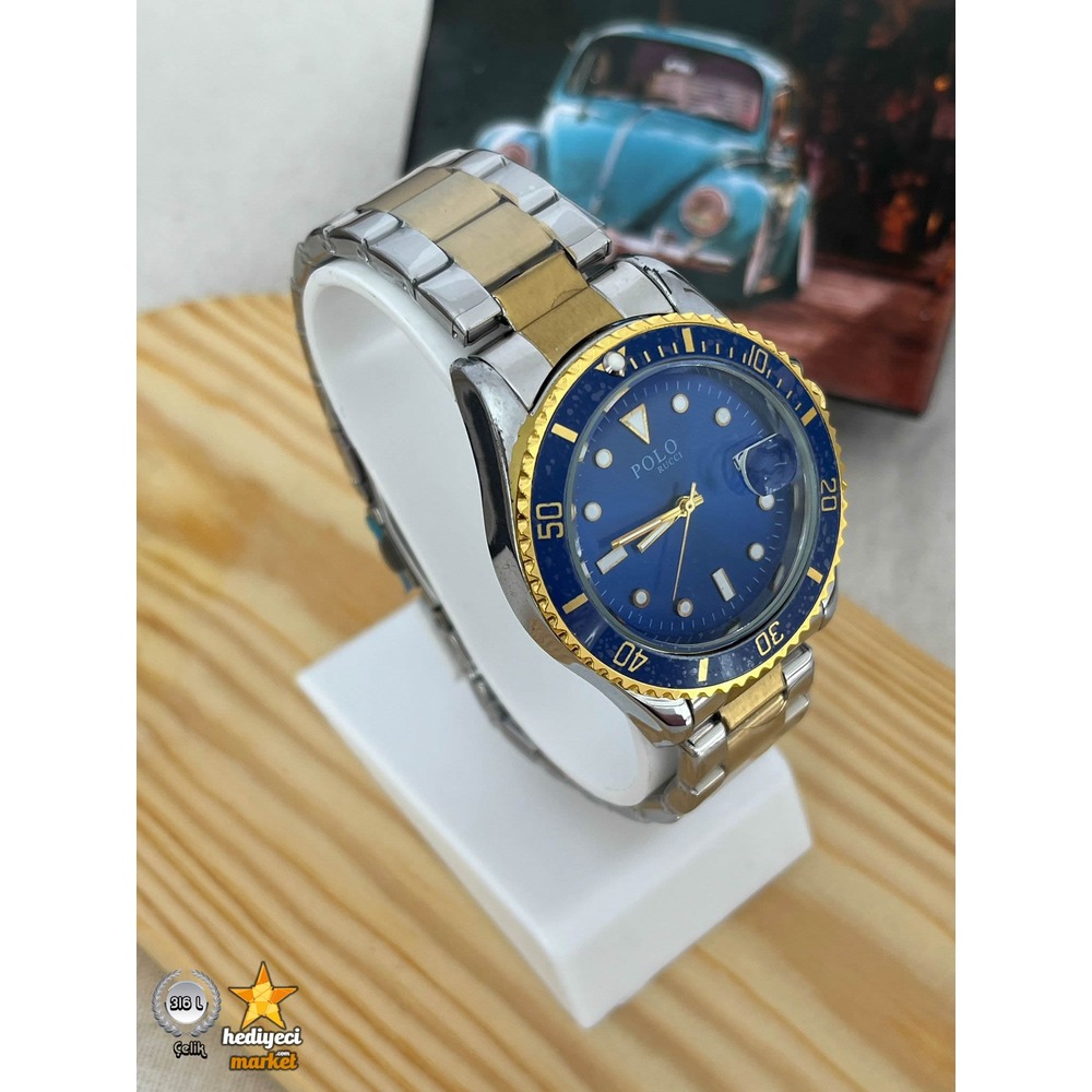 Polo Çelik Kasa Sarı Lacivert Yuvarlak Erkek Kol Saati - HMES-0024 || HM-03-00107-24