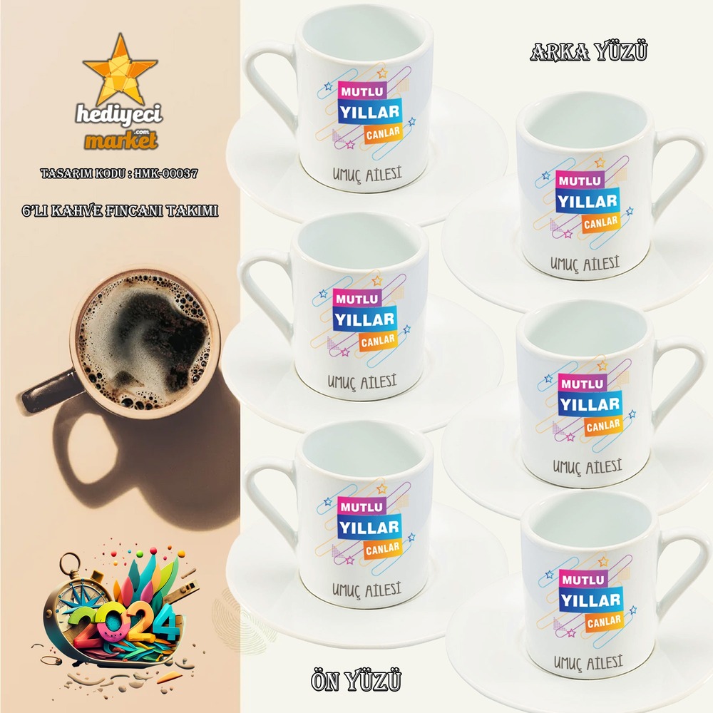 Yılbaşı Temalı Beyaz 6'lı Kahve Fincan Takımı - HMK-00037-01 - HM-01-00114-01