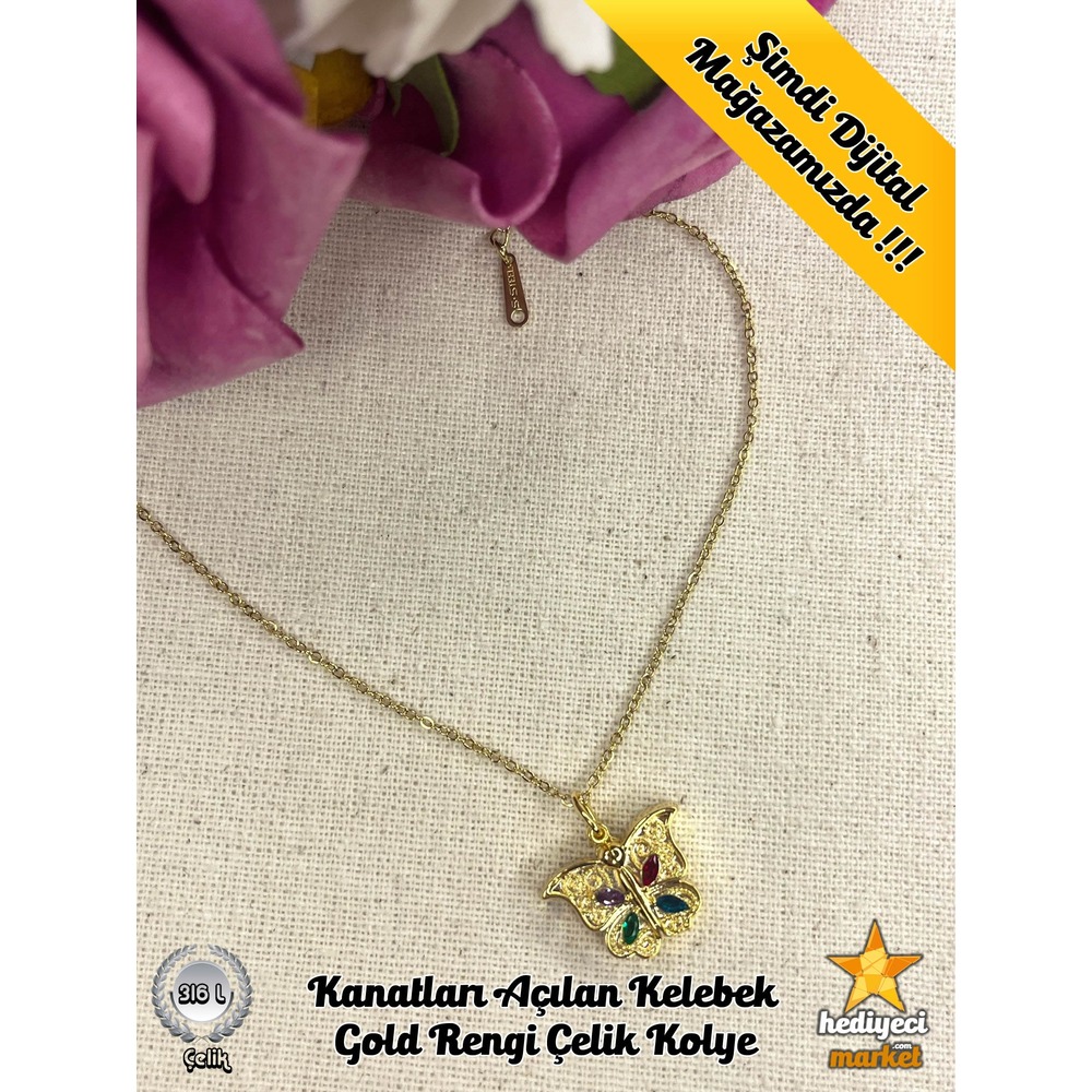 316 L Kanatları Açılan Kelebek Gold Rengi Çelik Kolye - HMÇK-0008 || HM-03-00050-01