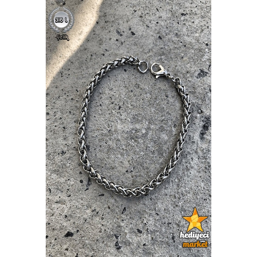 316 L Paslanmaz Gümüşü Rengi Burgu Zincir Çelik Bileklik - HMÇB-0054 || HM-03-00123-02