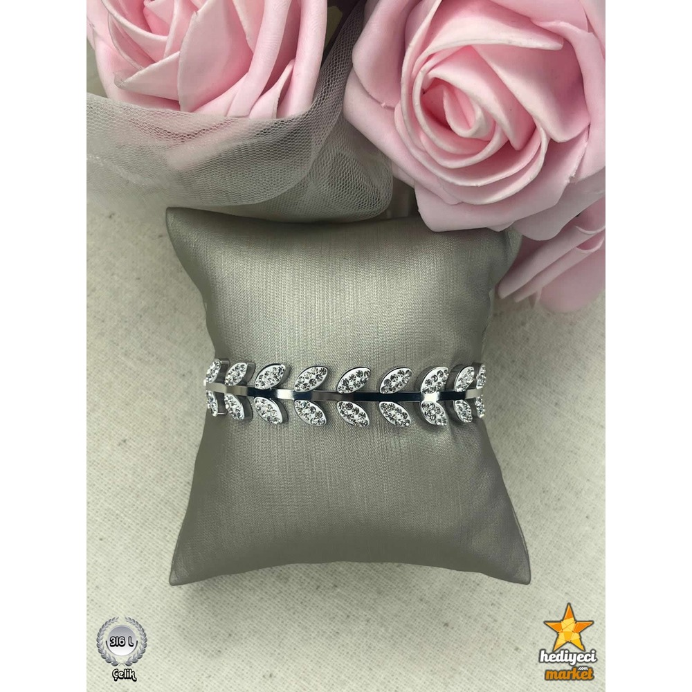 316 L Silver Zirkon Taşlı Yaprak Helen Model Çelik Bileklik - HMÇB-0013 ||  HM-03-00100-03