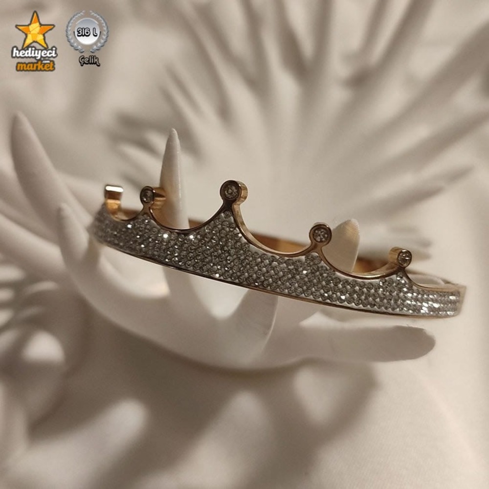 316 L Rose Zirkon Taşlı Taç Kelepçe Çelik Bileklik - HMÇB-0012 || HM-03-00100-02