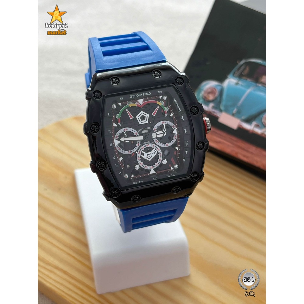 G Sport Polo Siyah Çelik Kasa ve Mavi Slikon Kordon Erkek Kol Saati - HMES-0022 || HM-03-00107-22