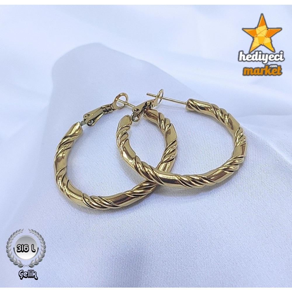 316 L Paslanmaz Altın Rengi Kalın Burgu Çelik Küpe - HMKÜ-0010 || HM-03-00112-03