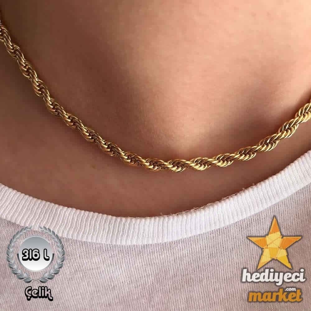 316 L Gold Burgu Paslanmaz Çelik Zincir Kolye - HMÇK-0017 || HM-03-00059-01
