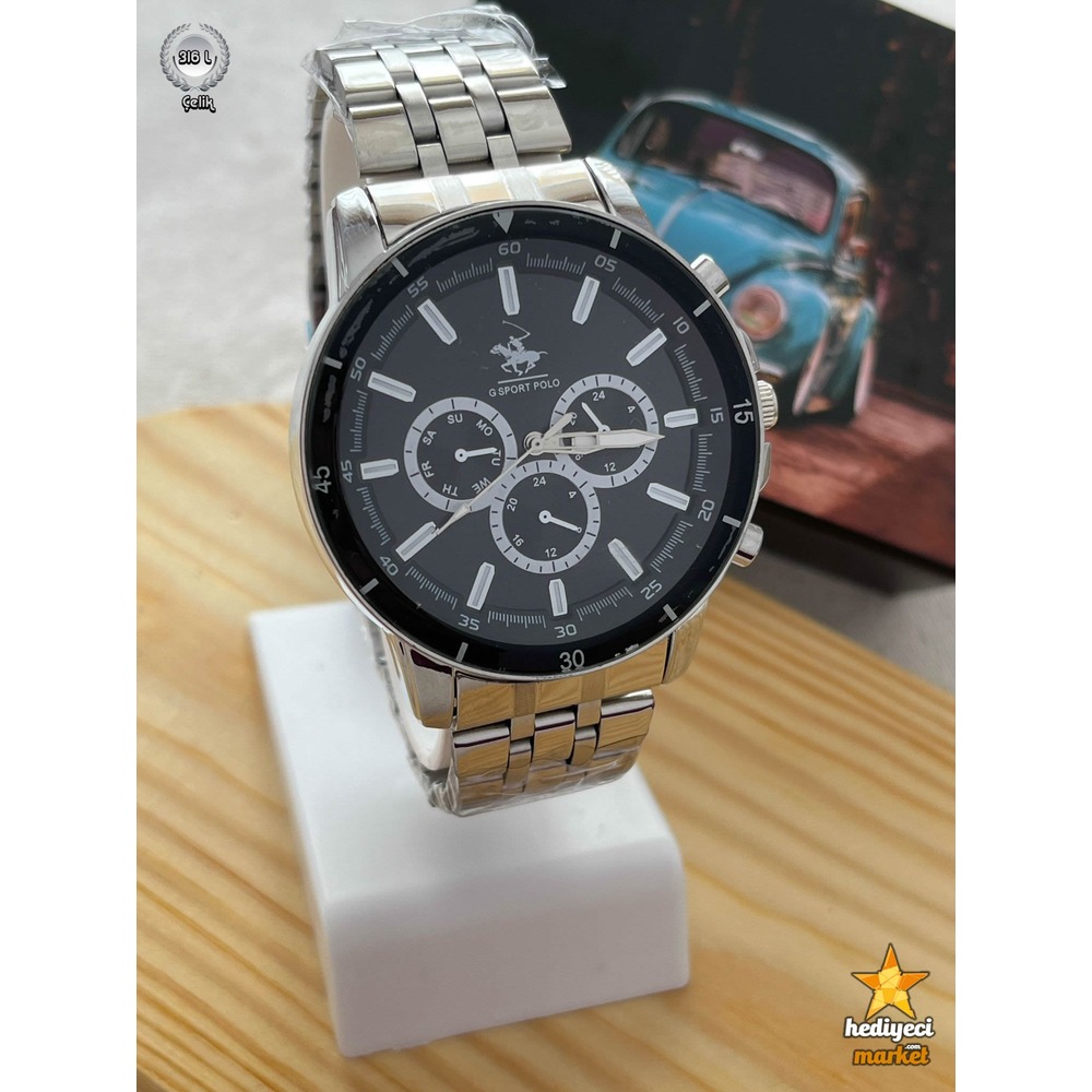G Sport Polo Çelik Gümüş Kasa ve Siyah Detaylı Erkek Kol Saati - HMES-0029 || HM-03-00107-29