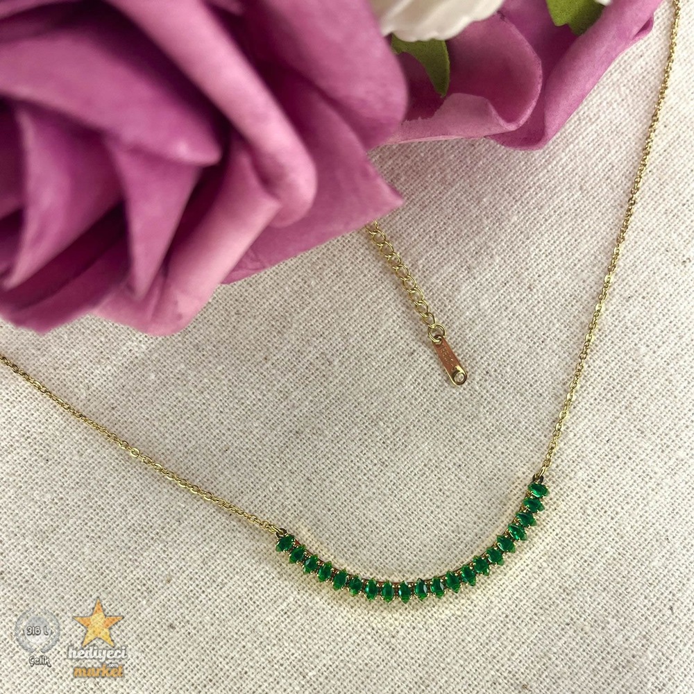 316 L Çelik Takı Yeşil Zirkon Taşlı Rose Abiye Kolye - HMÇK-0007 || HM-03-00049-01