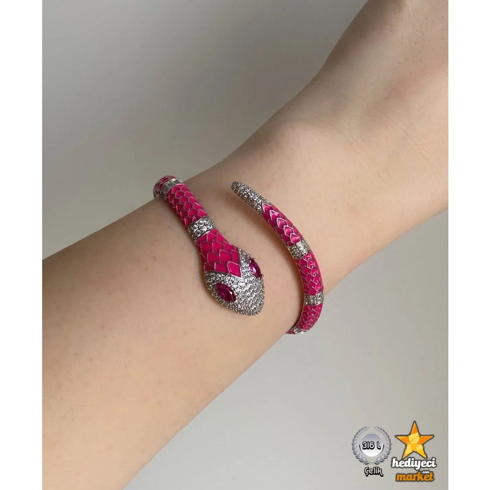 316 L Pembe Zirkon Taşlı Bulgari Model Sarmal Yılan Kelepçe - HMÇB-0009 || HM-03-00098-01