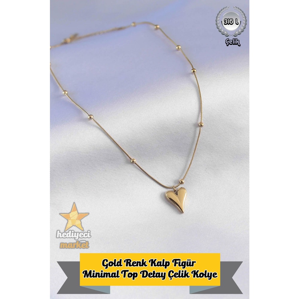 316 L Gold Renk Kalp Figür Minimal Top Detay Çelik Kolye - HMÇK-0009 || HM-03-00051-01