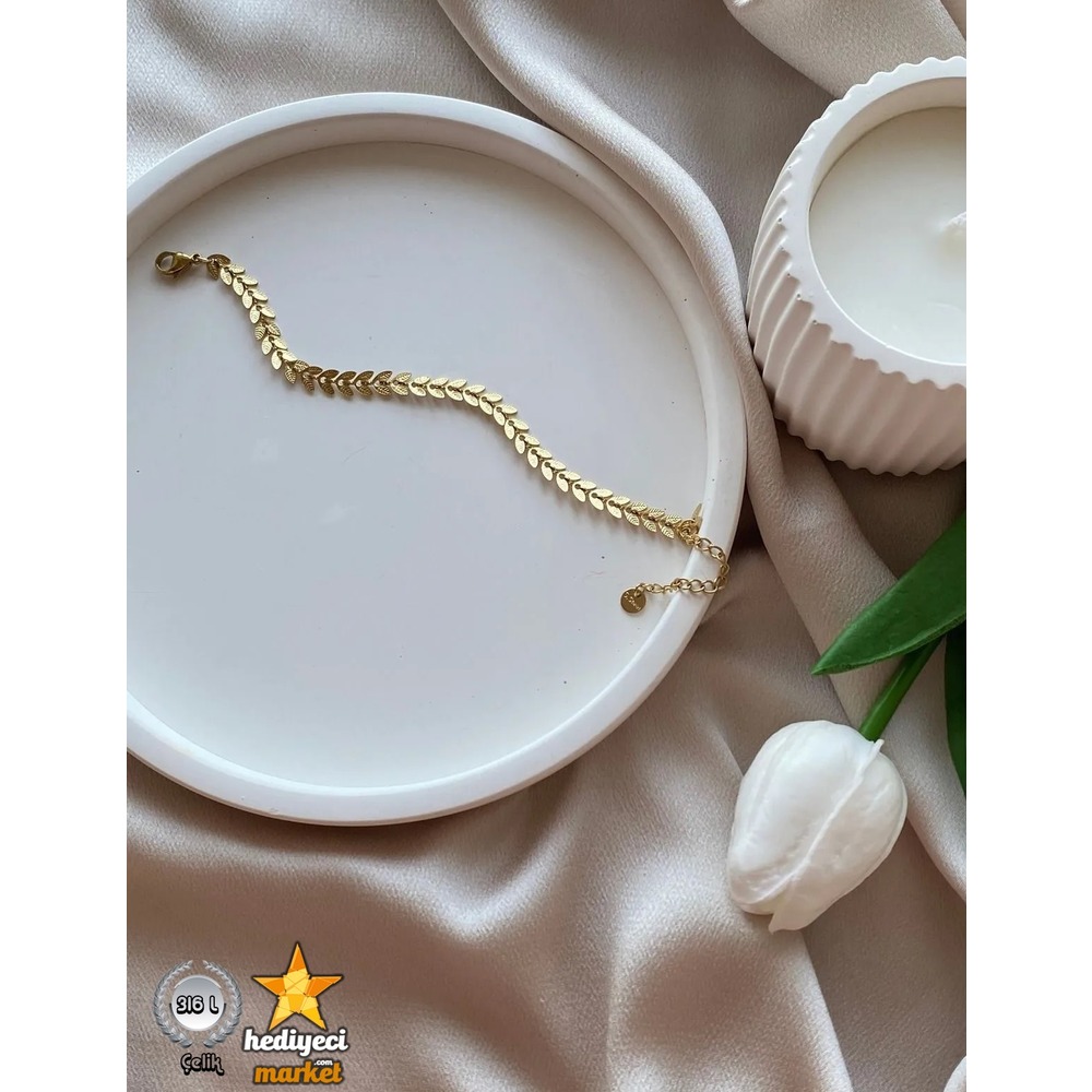 316 L Paslanmaz Altın Rengi Yaprak Model Çelik Bileklik - HMÇB-0043 || HM-03-00119-01
