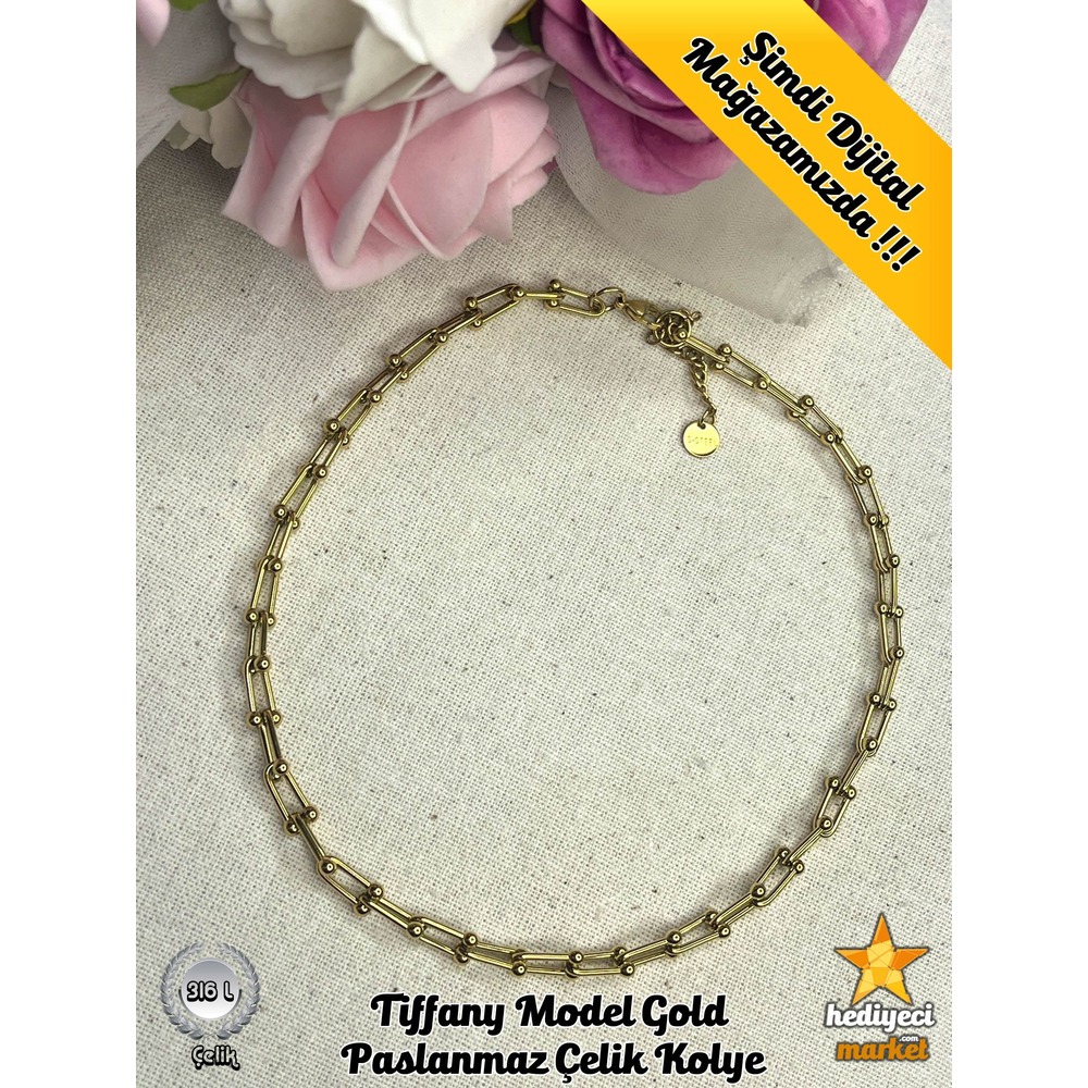 316 L Tiffany Model Gold Paslanmaz Çelik Kolye - HMÇK-0013 || HM-03-00055-01