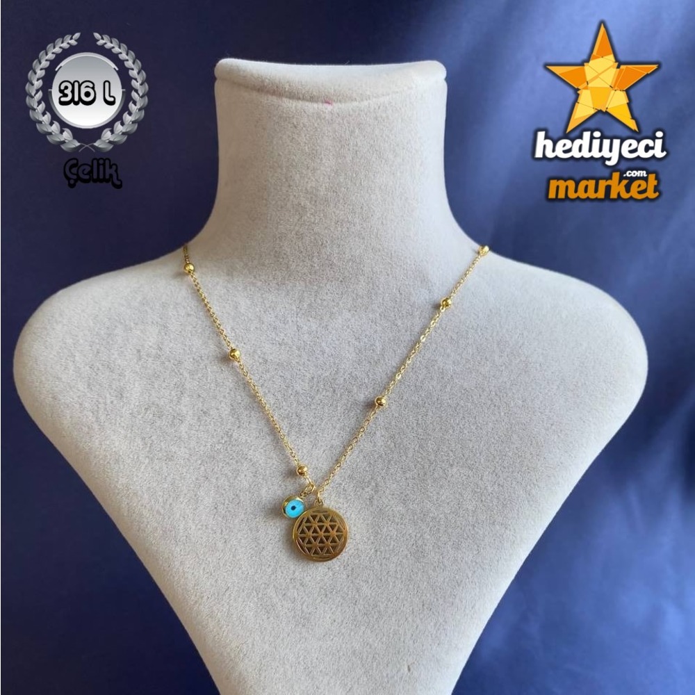 316 L Nazar Boncuklu Yaşam Çiçeği Çelik Kolye - HMÇK-0001