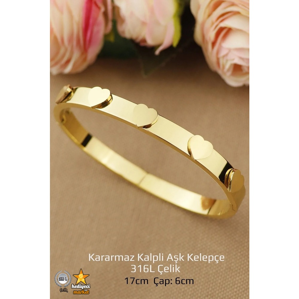 316 L Gold Kalpli Aşk Kelepçe Çelik Bileklik - HMÇB-0022 || HM-03-00104-01