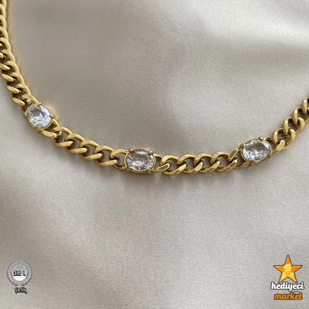 316 L Zirkon Taş Detay Gurmet Zincir Çelik Kolye - HMÇK-0038
