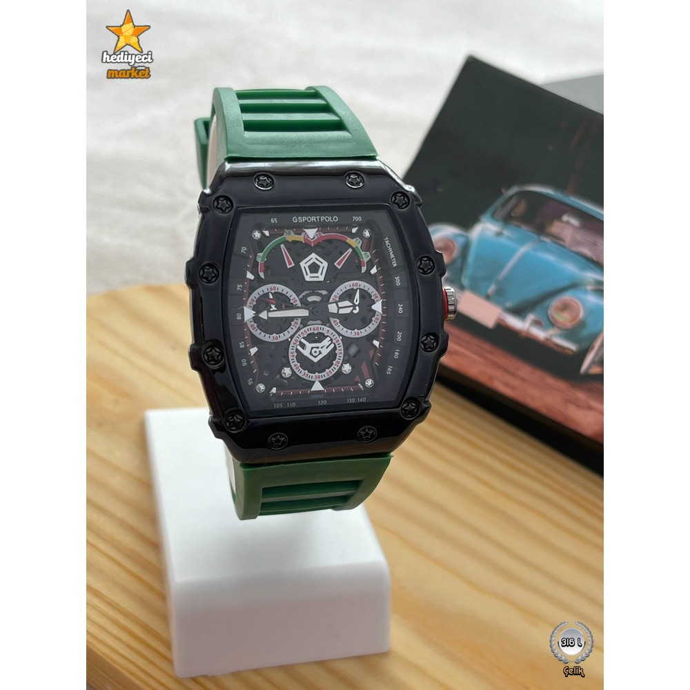 G Sport Polo Çelik Siyah Kasa ve Yeşil Slikon Erkek Kol Saati - HMES-0008 ||  HM-03-00107-08