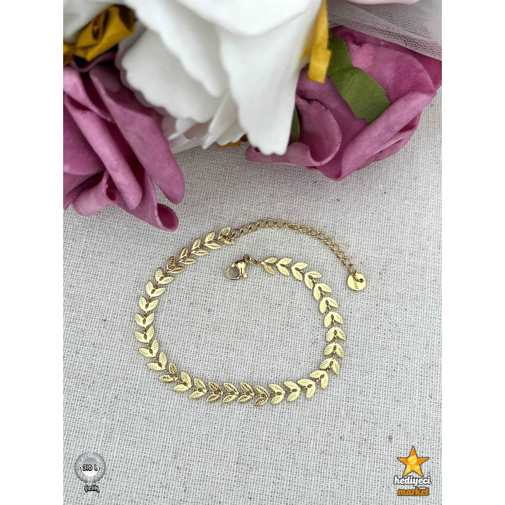 316 L Paslanmaz Altın Rengi Yaprak Model Çelik Bileklik - HMÇB-0043 || HM-03-00119-01