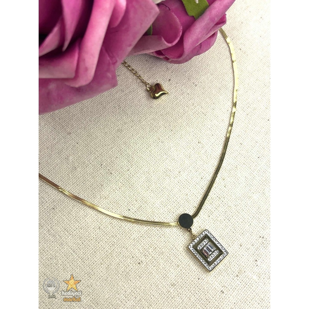 316 L Çelik Zirkon Taşlı Kuyumcu Model Kare Kolye - HMÇK-0010 || HM-03-00052-01