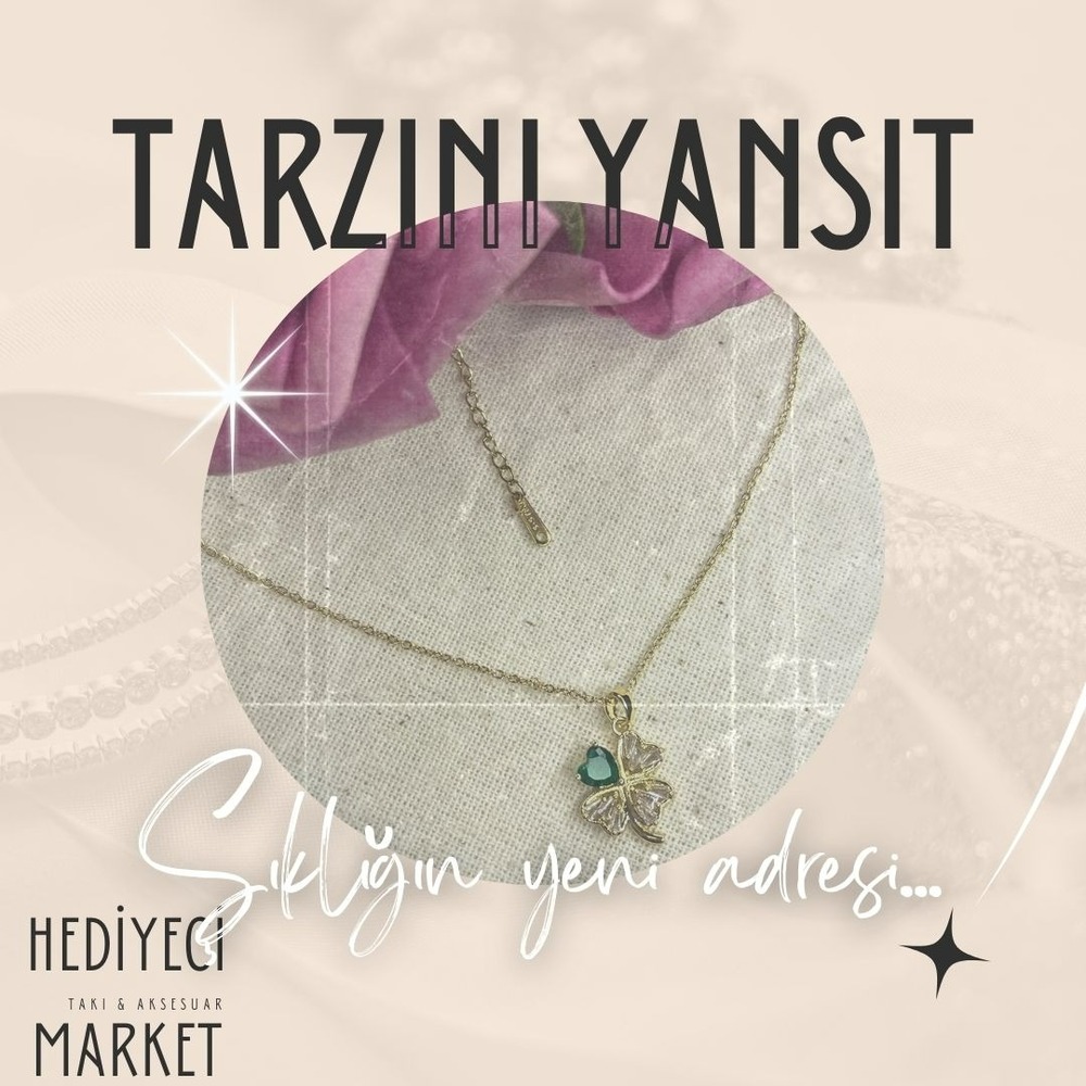 316 L Zirkon Taşlı Altın Rengi Yonca Çelik Kolye - HMÇK-0011 || HM-03-00053-01