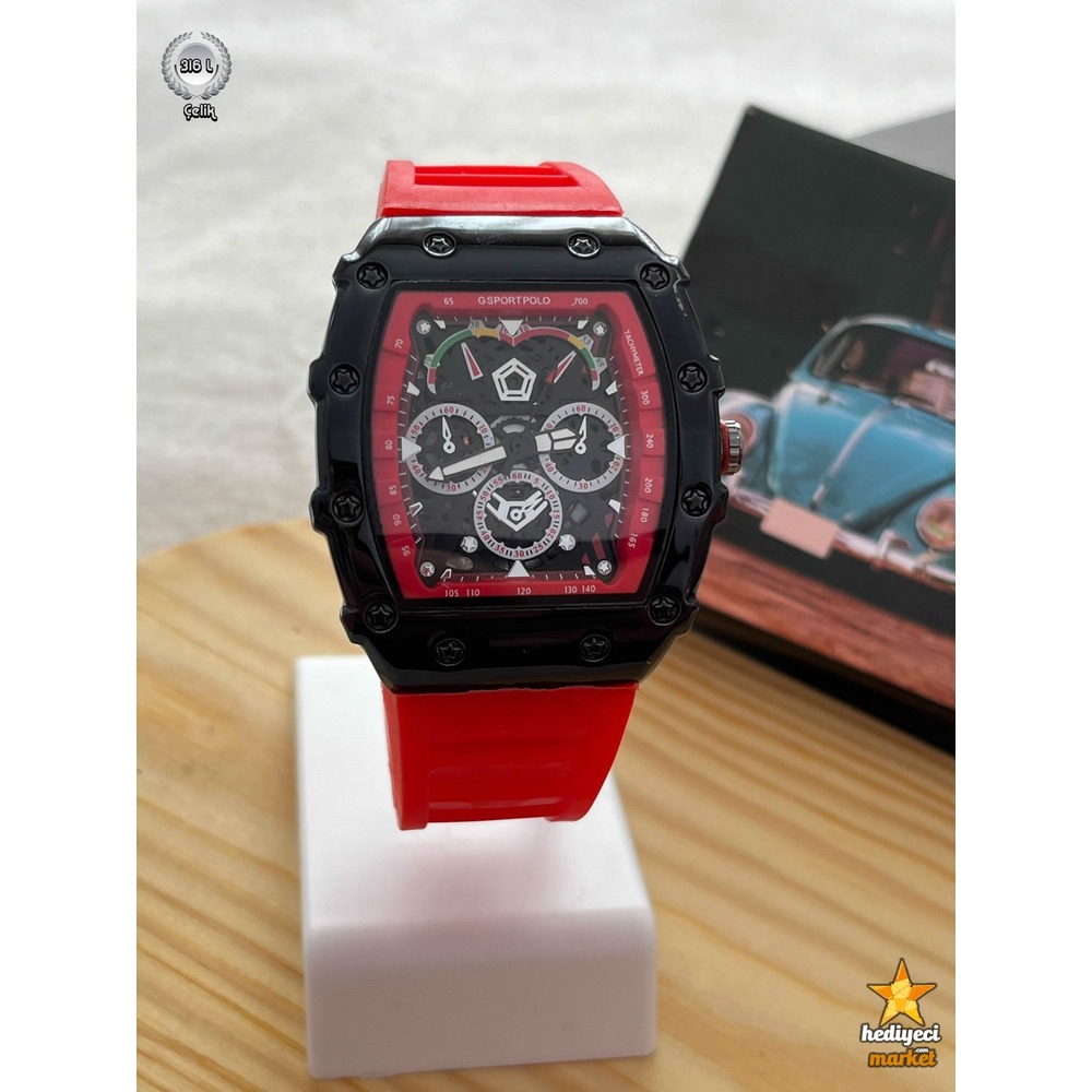 G Sport Polo Çelik Kasa ve Kırmızı Slikon Kordon Erkek Kol Saati - HMES-0023 || HM-03-00107-23