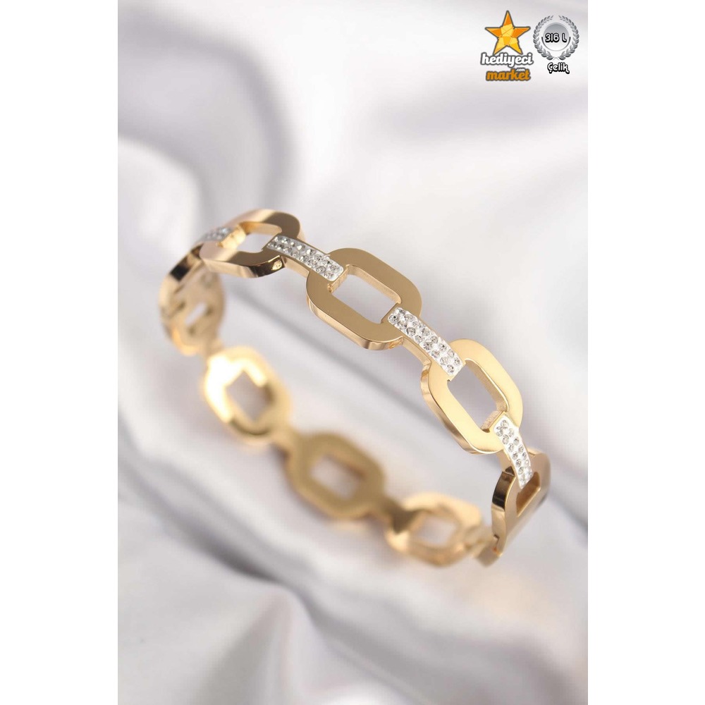 316 L Zirkon Taşlı Gold Zincir Model Çelik Kelepçe Bileklik - HMÇB-0026 || HM-03-00105-02