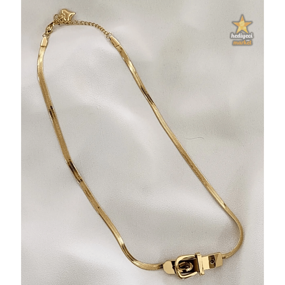 316 L - Altın Renk Choker Kemerli Çelik Kolye - HMK-0001 || HM-03-00042-01