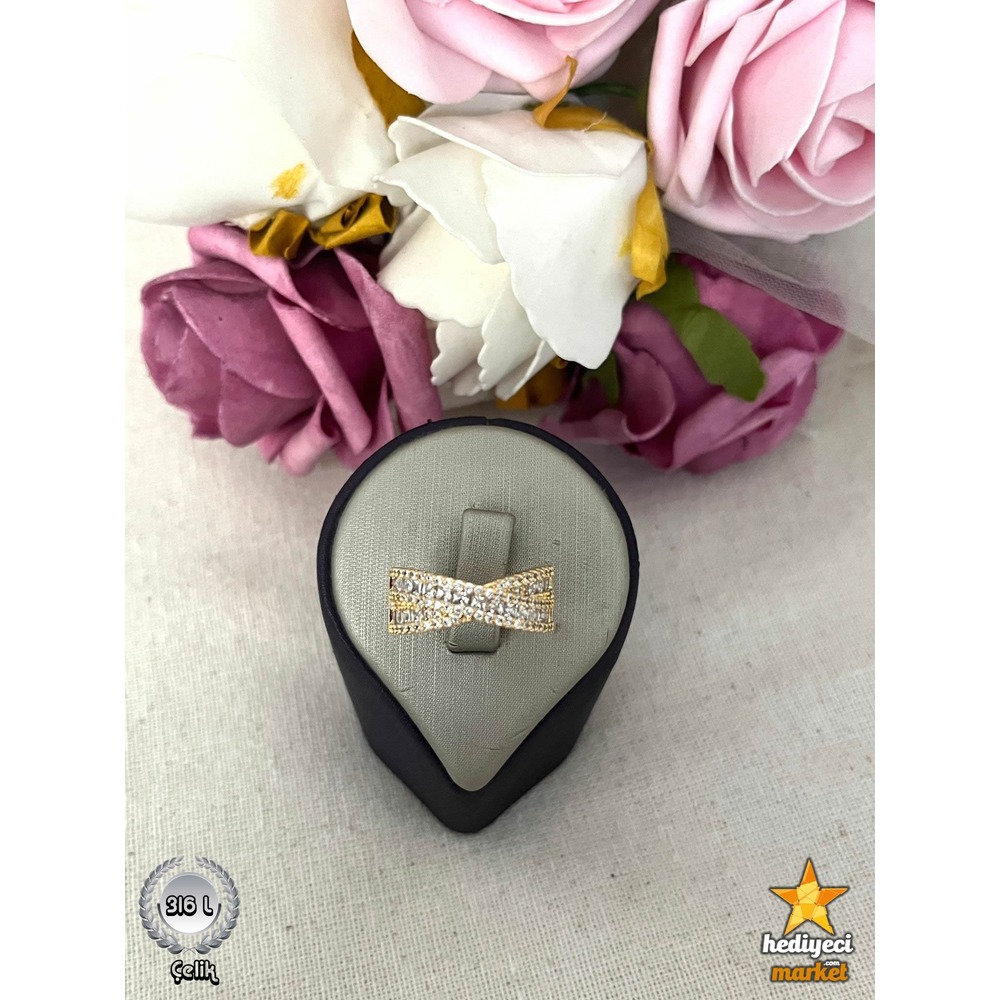 316 L 8 MM Gold Zirkon Taşlı Çapraz Ayarlanabilir Çelik Yüzük - HMÇY-0001 || HM-03-00094-01