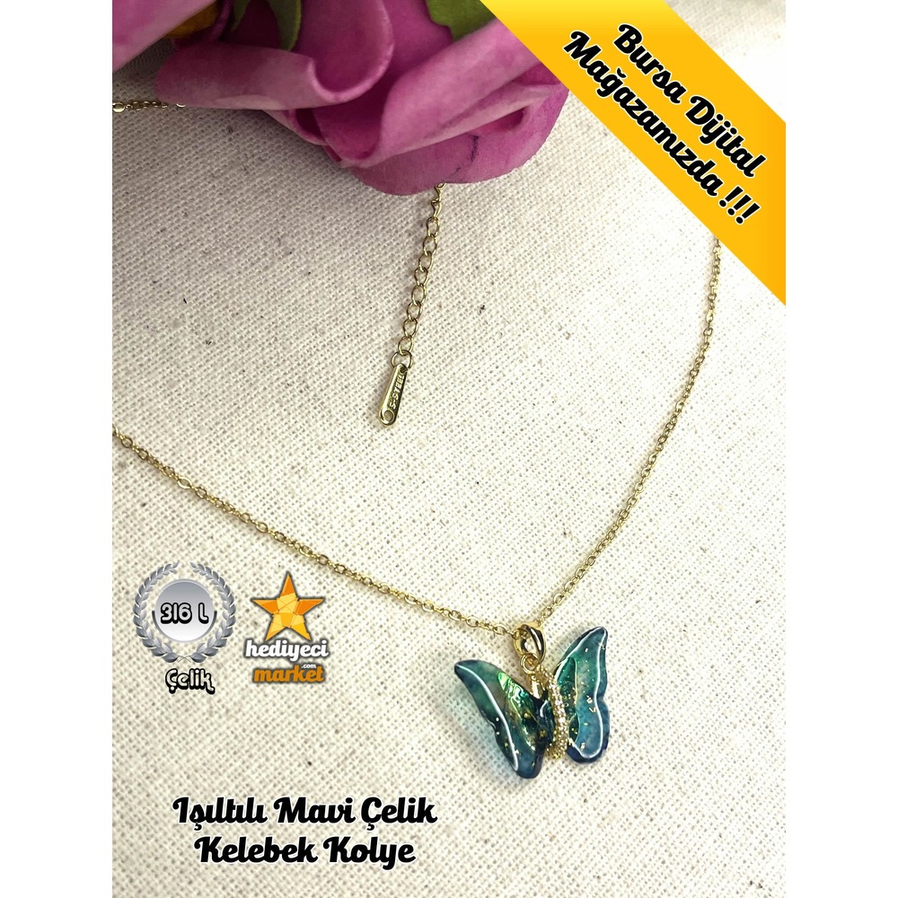 316 L Işıltılı Mavi Paslanmaz Çelik Kelebek Kolye - HMÇK-0030 || HM-03-00070-02