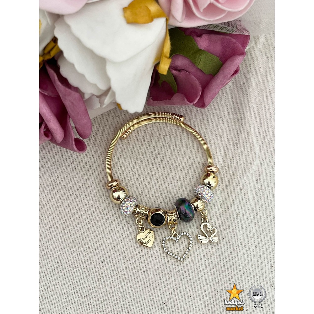 316 L Gold Leylek Sallantılı Çelik Pandora Model Bileklik - HMÇB-0028 || HM-03-00106-01