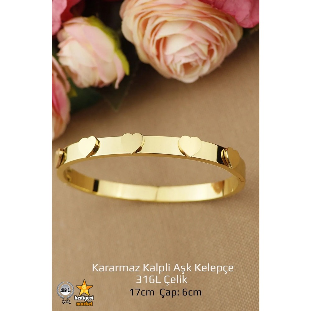 316 L Gold Kalpli Aşk Kelepçe Çelik Bileklik - HMÇB-0022 || HM-03-00104-01
