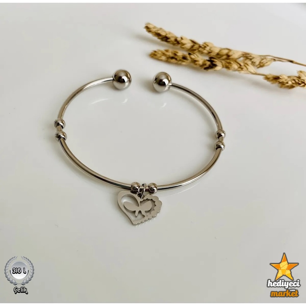 316 L Çelik Silver Kalpli ve Kelebekli Ayarlanabilir Bileklik - HMÇB-0014 || HM-03-00101-01