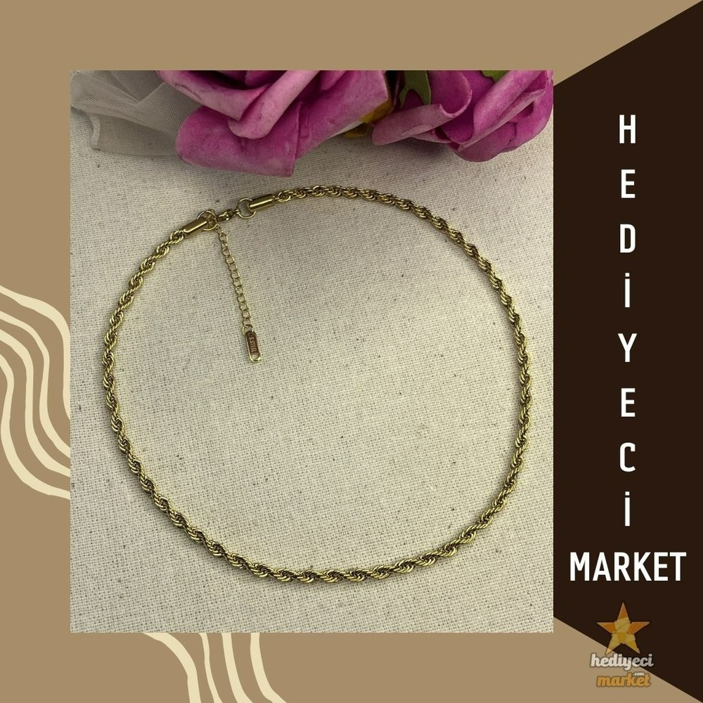 316 L Gold İnce Burgu Paslanmaz Çelik Zincir Kolye - HMÇK-0036