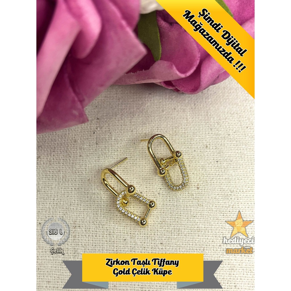 316 L Zirkon Taşlı Tiffany Gold Çelik Küpe - HMKÜ-0018 || HM-03-00115-05